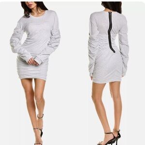RtA Light Gray Long-Sleeve Ruched Mini Dress with Exposed Back Zip